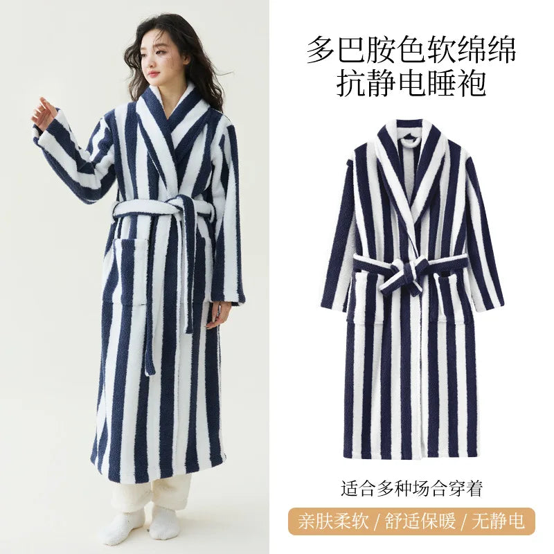 2025 New Autumn/Winter Women's Sleepwear Thick Velvet Warm Robe Couple Coral Velvet Striped Lengthed Home Clothes Bathrobe - Matrix-studios.com