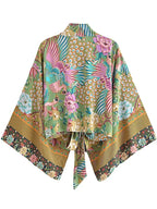 Boho Queens Peacock Short Robe Kimono Swimsuits Women Fashion Floral Batwing Sleeves Rayon Bohemian Bikini Cover Ups Beachwear - Matrix Studios