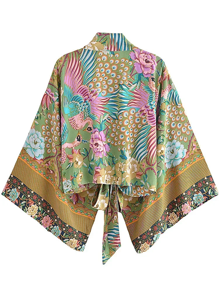 Boho Queens Peacock Short Robe Kimono Swimsuits Women Fashion Floral Batwing Sleeves Rayon Bohemian Bikini Cover Ups Beachwear - Matrix Studios