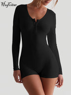 Hugcitar Spring Ribbed Solid Square Collar Long Sleeve Buttons Sexy Bodycon Skinny Playsuit Women Casual Romper Streetwear Sport - Matrix Studios
