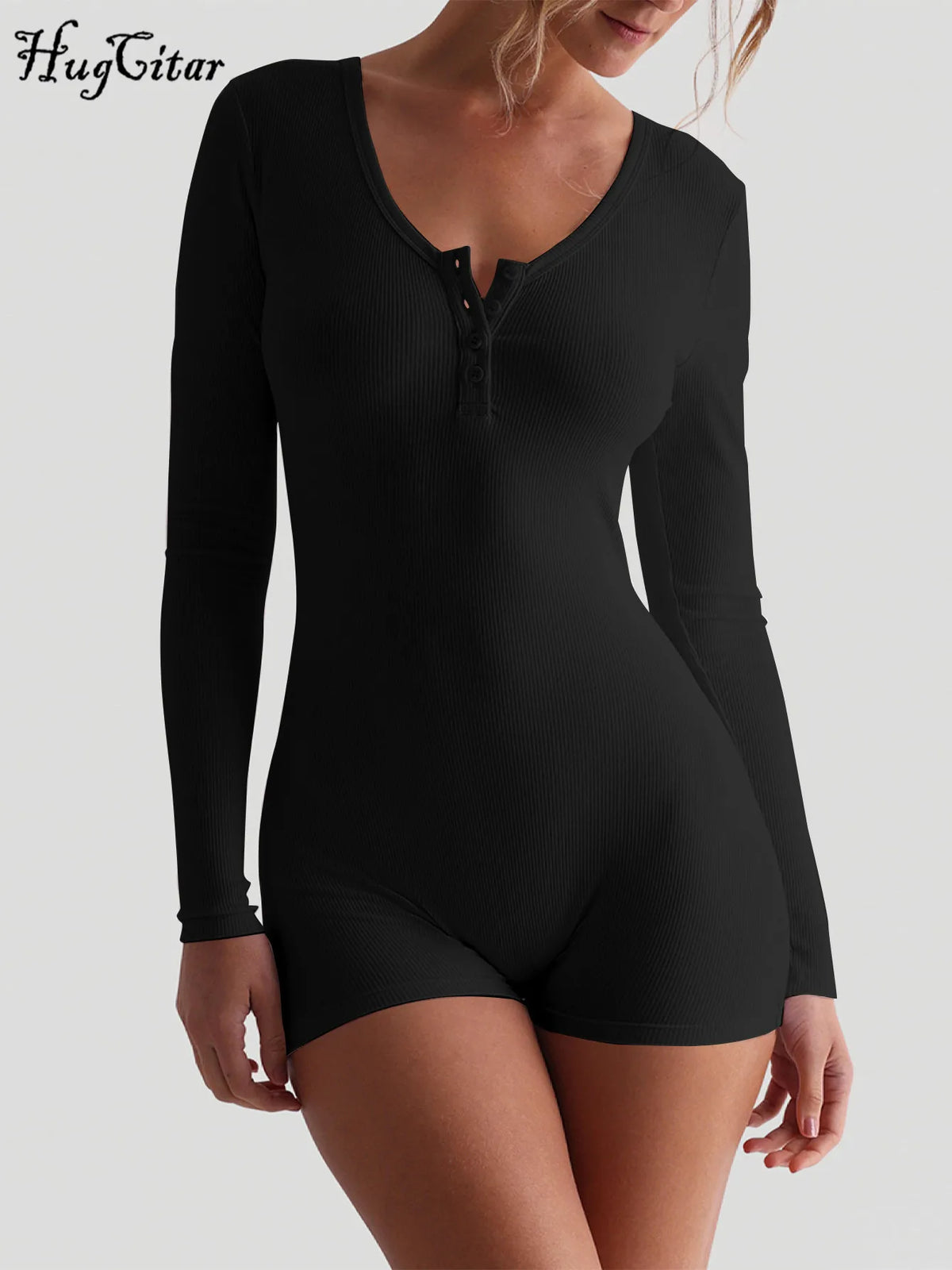Hugcitar Spring Ribbed Solid Square Collar Long Sleeve Buttons Sexy Bodycon Skinny Playsuit Women Casual Romper Streetwear Sport - Matrix Studios