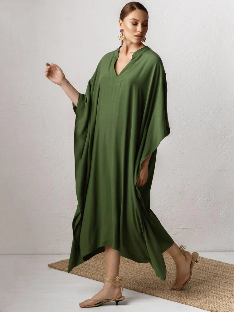 Swimsuit Cover Up Women Kaftan Beach Tunic Solid V Neck Elegant Summer Long Dress Loose Beachwear Bathing Suit Swimwear - Matrix Studios