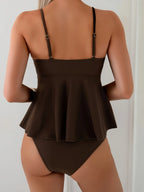 Cikini 2pcs Women Summer Elegant Resort Brown Shell Metallic Beaded Tankini With Cover Up Swimwear Set - Matrix-studios.com