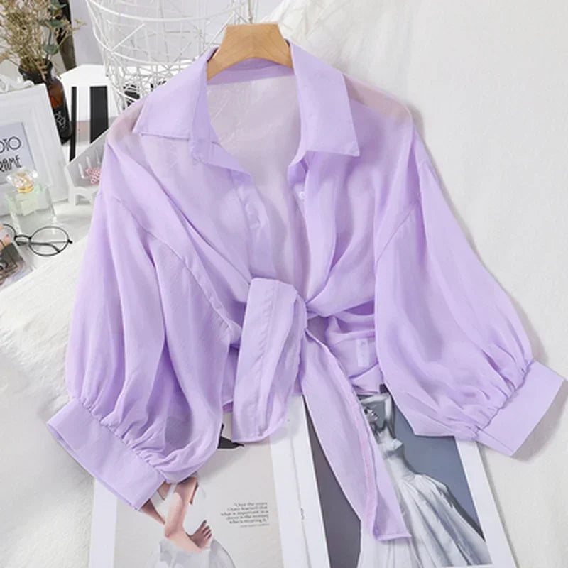Casual Loose Hollow White Clothes Elegant Solid Color Tied Waist Blouse Women Summer Bat Half Sleeve Button Chiffon Shirt - Matrix-studios.com