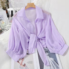 Casual Loose Hollow White Clothes Elegant Solid Color Tied Waist Blouse Women Summer Bat Half Sleeve Button Chiffon Shirt - Matrix-studios.com