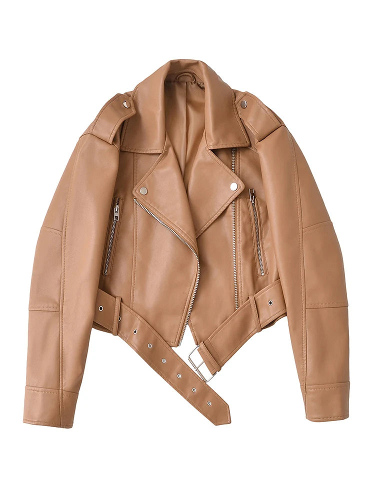 Ailegogo Spring Autumn Women Faux Pu Leather Short Jacket with Belt Motorcycle Biker Female Zipper Lapel Loose Coat Outwear - Matrix Studios