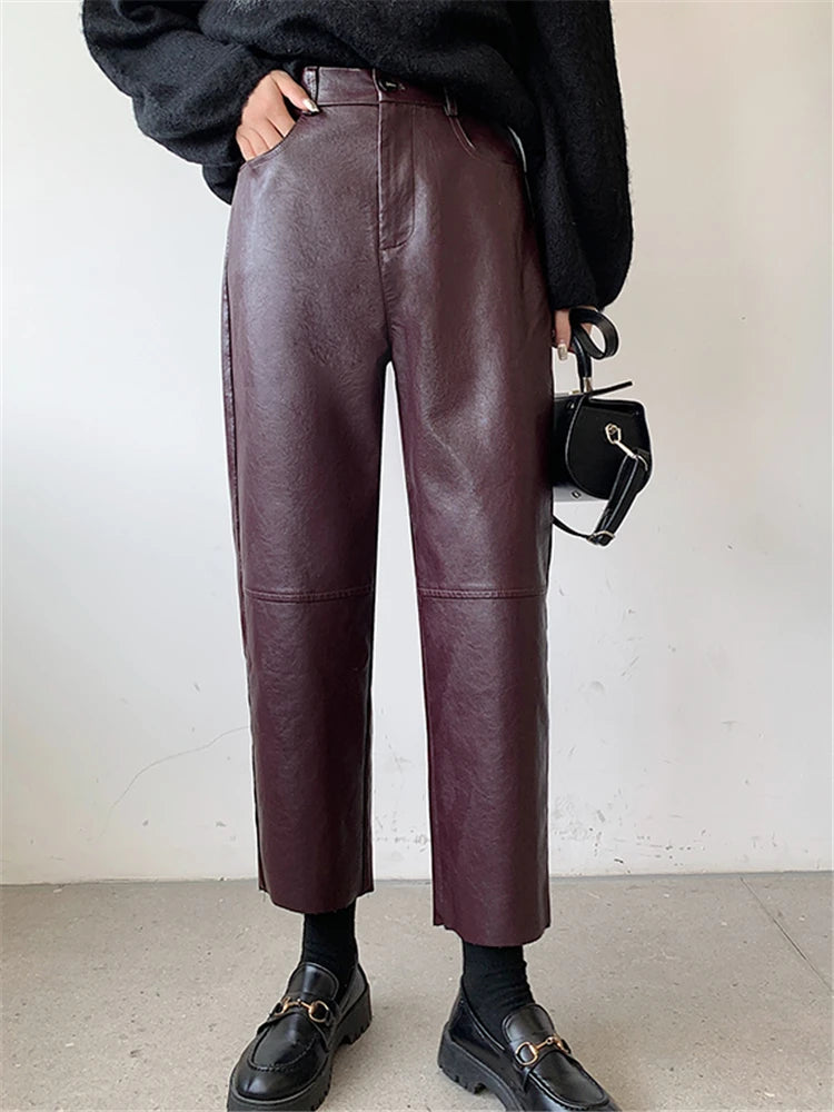 Seoulish Autumn Winter PU Faux Leather Women's Wide Leg Pants High Waist Female Casual Loose Ankle Length Trousers 2023 New