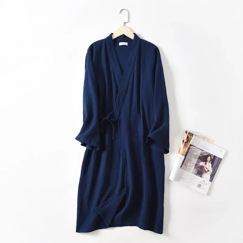 Couples Crepe Gauze Bathrobe Solid 100% Cotton Robe Long-sleeved V-neck Kimono Wedding Robes Sleepwear Plus Size Dressing Gown - Matrix-studios.com