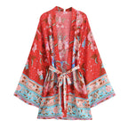 Happie Queens Vintage Peacock Floral Print Sashes Bohemian Kimono Women  V Neck Batwing Sleeves Short Robe Boho Bikini Cover-ups - Matrix Studios