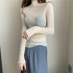 New Women Floral Lace Shirt Spring Autumn Long Sleeve Sexy Mesh Bottoming Shirts Mock Neck Blouse T-Shirt Pullover Top - Matrix-studios.com