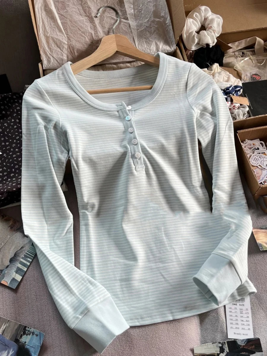 Pink Striped Slim Long Sleeve Tees Women Spring Casual Cotton O-neck Tshirt New Tops Clothes Sweet Cute  Vintage T-shirts Y2K - Matrix-studios.com
