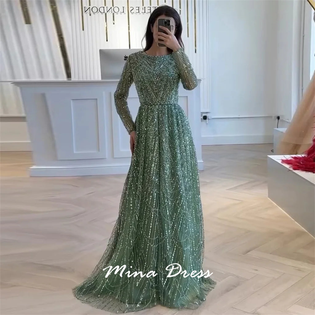 Mina Customized Beads Luxurious Women's Evening Dresses for Formal Occasions Sequins. Long Sleeves Round Neck Luxury Party Dress - Matrix-studios.com