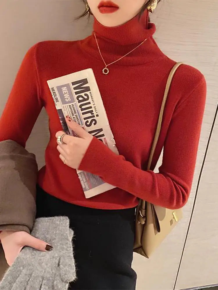 2026 Autumn Winter Basic Slim Soft Solid Color Turtleneck Sweater Pullover Women Casual Long Sleeve Chic Bottom Knitted Jumper - Matrix Studios