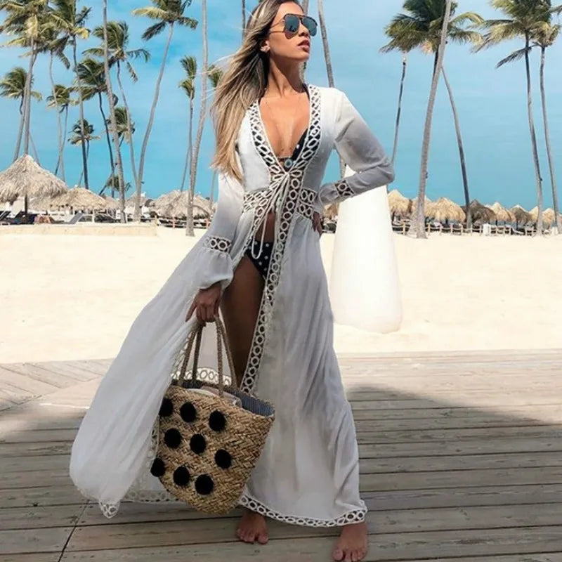TEELYNN Sexy Deep V neck White Lace Dresses Women Robe Kimno Kaftan 2023 Vintage Summer Bikini Cover Up Boho Beach Wear Vestidos - Matrix Studios