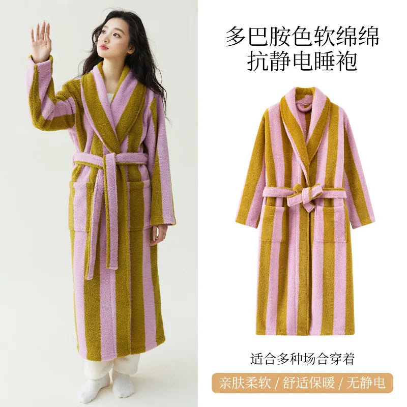 2025 New Autumn/Winter Women's Sleepwear Thick Velvet Warm Robe Couple Coral Velvet Striped Lengthed Home Clothes Bathrobe - Matrix-studios.com