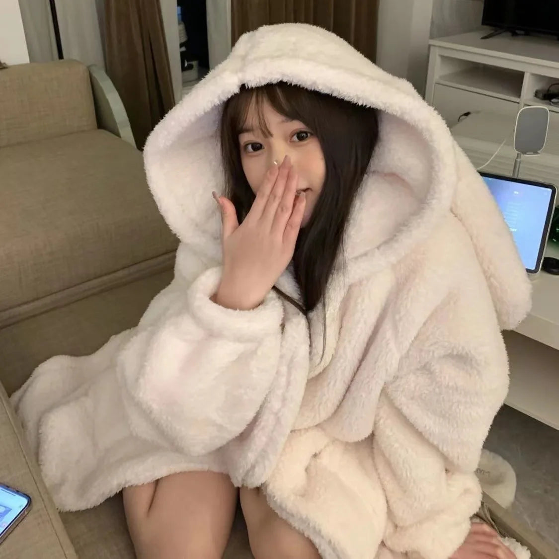 Autumn and Winter Ladies Warm Pajamas Homewear Rabbit Ears Ins Girls Student Pajamas Cartoon New Robe Bathrobe Homewear - Matrix-studios.com