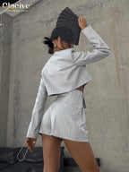 Clacive Fashion Stripe Print 2 Piece Sets Women Elegant Slim Long Sleeve Irregular Top With High Waist Shorts Set Streetwear - Matrix-studios.com