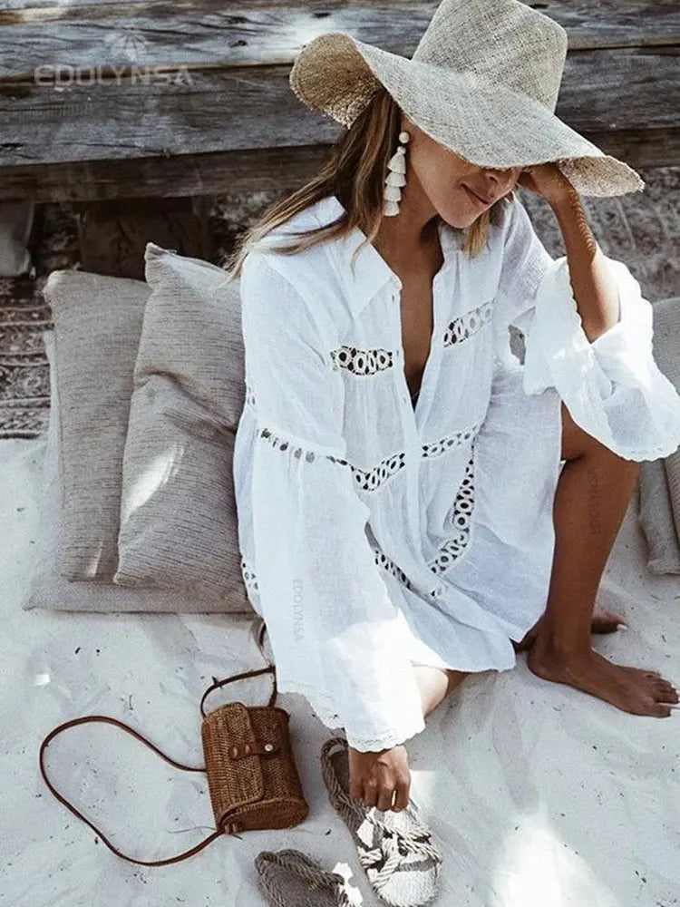 New Cover-ups 2023 Sexy V-neck Summer Beach Dress Tunic Women Casual Beachwear Swimsuit Cover Up Sarong Plage N771 - Matrix Studios