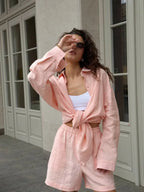 Bornladies Cotton Casual Pants Sets Women's Solid Color Cozy Lapel Long Sleeve Shirt Summer Outfit Elastic Waist Pants Suits - Matrix-studios.com