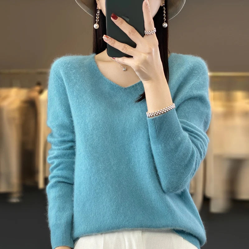 100% pure wool cashmere sweater women's V-neck pullover casual knit top autumn and winter women's coat Korean fashion - Matrix Studios