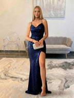 BABYONLINE Sparkly Full Sequined Mermaid Eveing Dress Sexy Leg Slit Spaghetti Straps V Neck Prom Dresses Long Luxury Wedding Party Dress - Matrix-studios.com