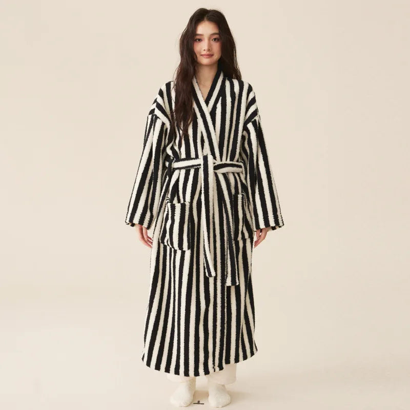 Thickened Flannel Robe Pants Pajamas Set Autumn Winter New Couple Coral Velvet Women Men Bathrobe Striped Lengthed Home Clothes - Matrix-studios.com