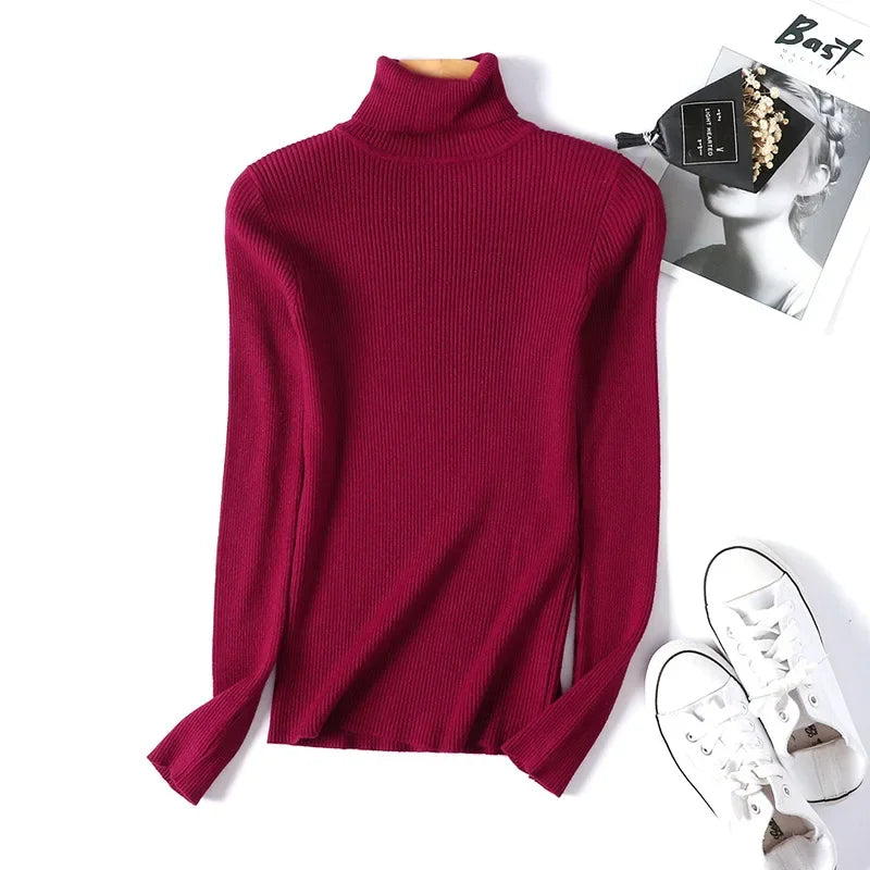 Casual Soft Polo-neck Jumper New Autumn Winter Women Knitted Turtleneck Sweater Fashion Slim Elasticity Solid Ribbed Pullovers - Matrix Studios