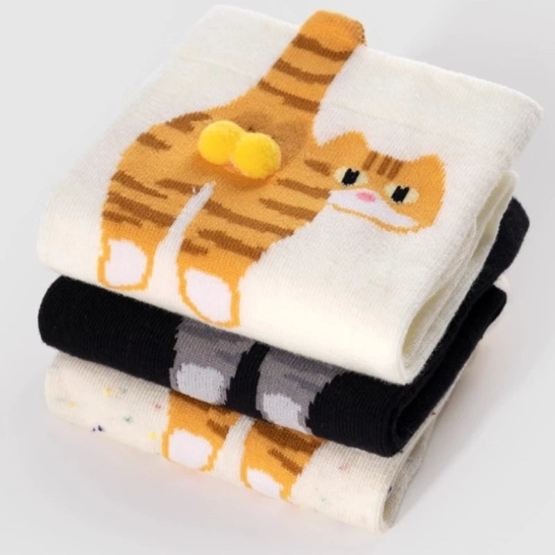 4pcs Funny Abstract 3D Cat Butt Mid-Tube Socks Cartoon Quirky Cotton Casual Socks Cat Egg Floor Sock for Cute Girls Couple Gifts - Matrix Studios