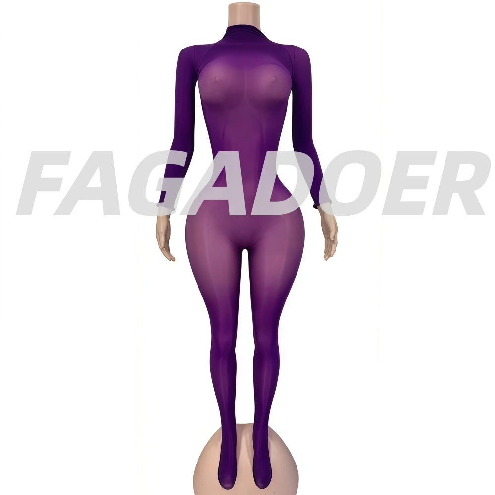 FAGADOER Summer New Sexy Mesh See Through Bodycon Jumpsuit Woman Long Sleeved Round Neck Rompers Female Party Club Overalls - Matrix Studios