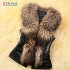 Women Leather Jacket Fur Collar Stitching Simulation Leather Oversized Raccoon Autumn Winter Solid Color Sleeveless Vest Coat - Matrix Studios