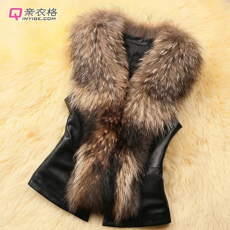 Women Leather Jacket Fur Collar Stitching Simulation Leather Oversized Raccoon Autumn Winter Solid Color Sleeveless Vest Coat - Matrix Studios