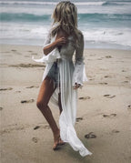 TEELYNN Sexy Deep V neck White Lace Dresses Women Robe Kimno Kaftan 2023 Vintage Summer Bikini Cover Up Boho Beach Wear Vestidos - Matrix Studios