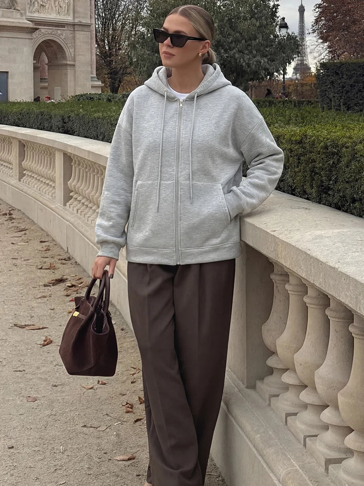 HH 2026 Casual Women's Soild Zipper Hoodie Long Sleeve Big Pocket Zipper Jacket With Hood Female Loose Outerwear Coat Tops - Matrix-studios.com