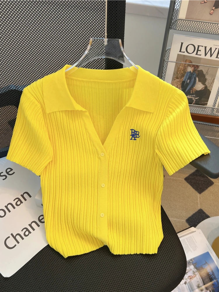 Summer Yellow Knitted Polo Shirt Women's 2024 New French V-Neck Letters High Waist Slim-Fit Ice Silk Top Short-Sleeved T-Shirt - Matrix-studios.com