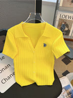 Summer Yellow Knitted Polo Shirt Women's 2024 New French V-Neck Letters High Waist Slim-Fit Ice Silk Top Short-Sleeved T-Shirt - Matrix-studios.com