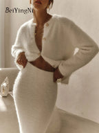 Beiyingni Women Sweater Skirt Suits 2025 Autumn Winter Warm White Maxi Skirts Two Piece Sets for Woman Buttons Tops Matching Set - Matrix-studios.com