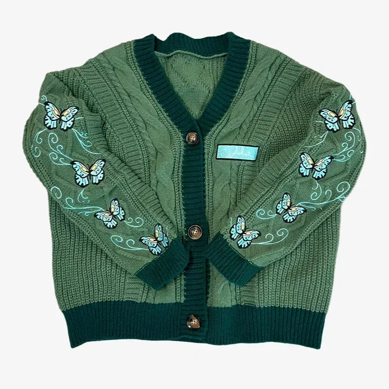 Butterfly Knitted Cardigan Women Dark Green Cardigans with Embroidery Winter Letter Patch Oversized Sweaters Tops Folklore Girl - Matrix Studios