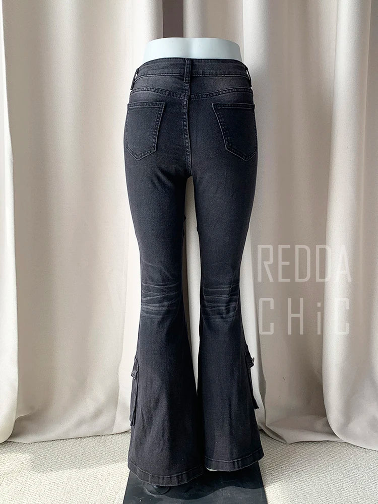 REDDACHiC Black Low Waist Cargo Jeans 2000s Distressed Whiskers Multi-pocket Stretch Bootcut Pants Women Retro Grunge Streetwear - Matrix-studios.com