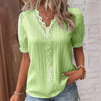 Women's Lace Stitching Shirt Summer Loose V Neck Short Sleeve Pullover Chiffon Shirt Solid Top Simple Elegant Street Blouse - Matrix-studios.com