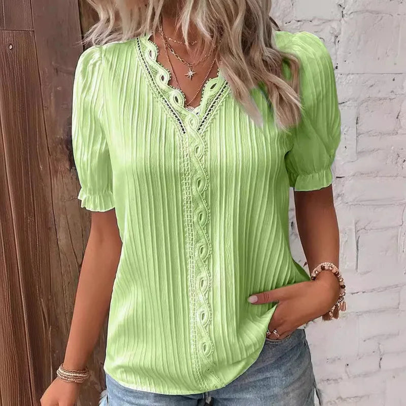 Women's Lace Stitching Shirt Summer Loose V Neck Short Sleeve Pullover Chiffon Shirt Solid Top Simple Elegant Street Blouse - Matrix-studios.com
