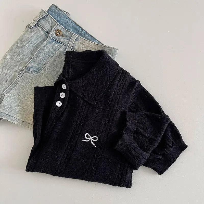 AOSSVIAO 2026 Summer New Korean Fashion Slim Polo shirt Knitted Short Sleeve T-shirt Sweet Bow Embroidered Knitted  Women Tops - Matrix-studios.com