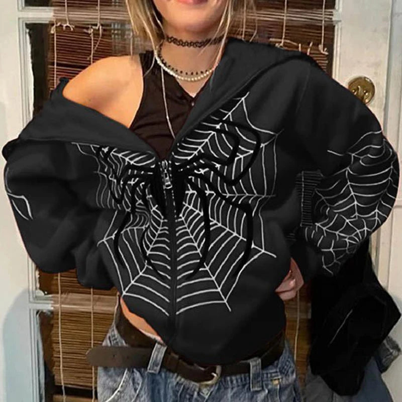 Y2k Rhinestone Skeleton Hoodies Women Gothic Black Zip Up Oversized Sweatshirts Female Retro Harajuku Hooded Jackets Streetwear - Matrix Studios