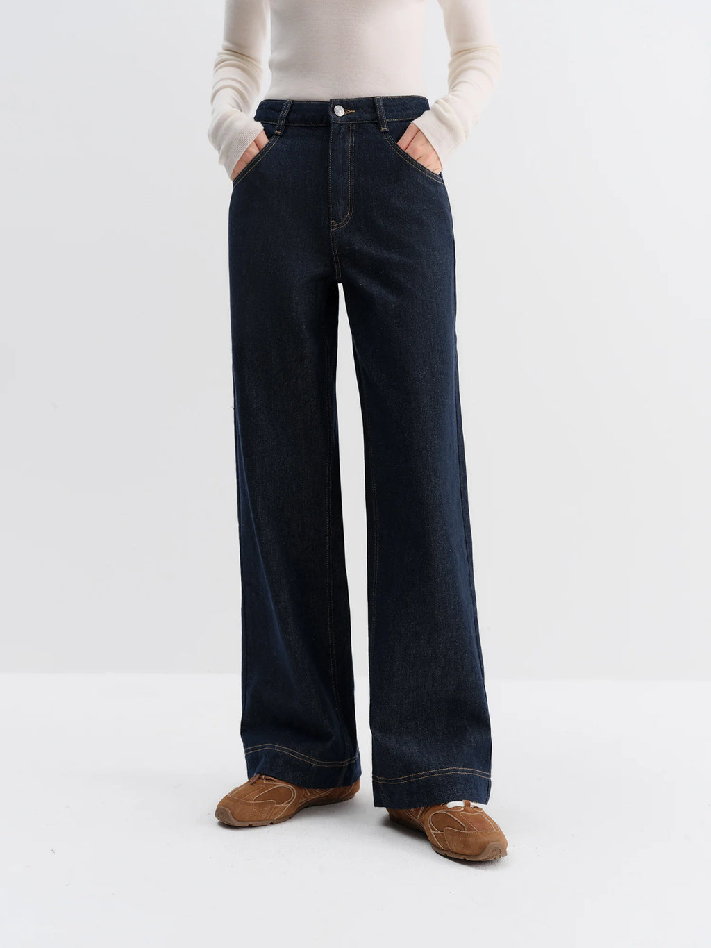 FSLE Straight High Waist Jeans for Women Winter Solid Simple All-match 2025 New Long and Short Versatile Pants Korean Style - Matrix-studios.com