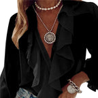 Chiffon Solid Color Shirts Women Loose Ruffled V Neck Long Sleeve Blouses Tops Female 2024 Autumn New Lady Streetwear Top - Matrix-studios.com