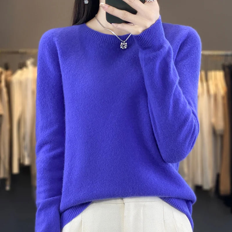 100% Merino Wool Sweater Women O-neck Cashmere Knitwear Female Pullover Autumn Winter Casual Tops Solid Color Soft  Clothing - Matrix Studios