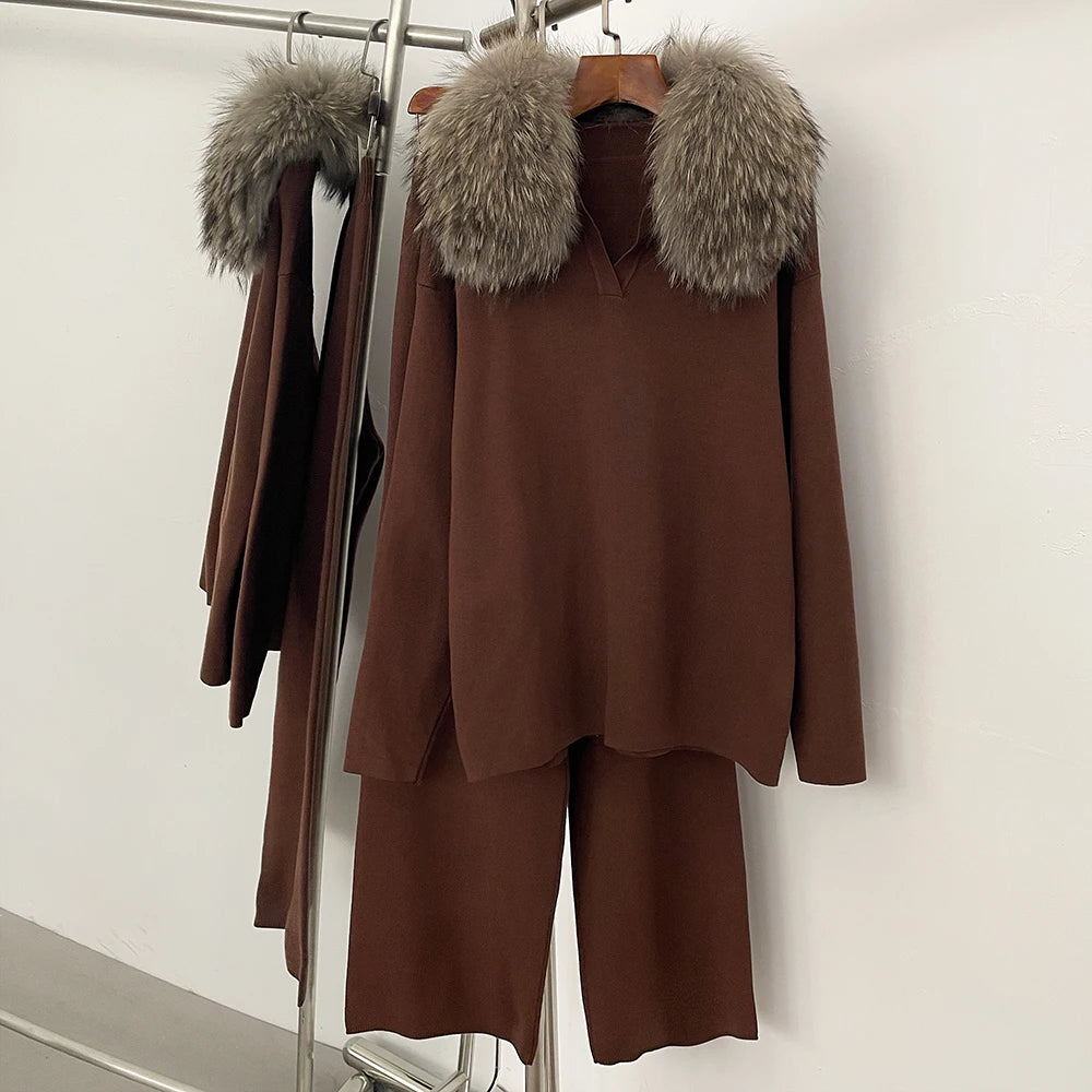 Reality Fur Jacket Pullover Set Woman Spring Knitted Suit Knitwear Female Real Fox Fur Collar Sweater Lady Autumn Knitted New - Matrix Studios