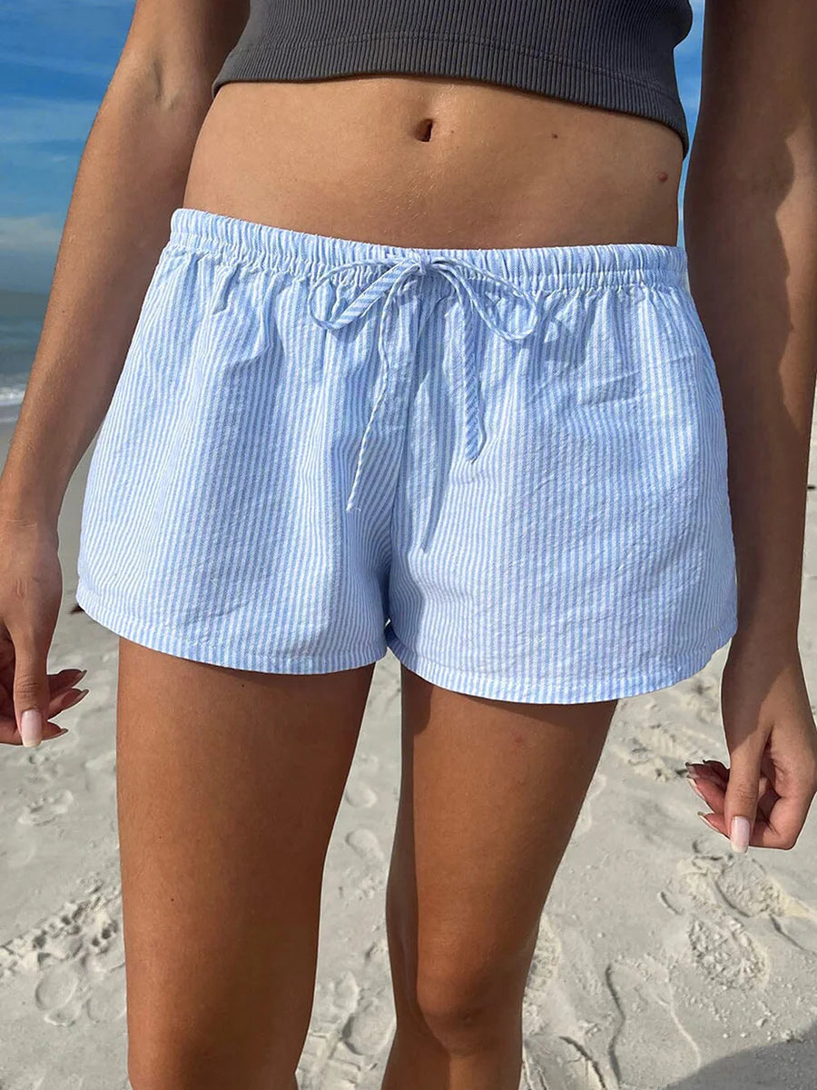 Casual Striped Shorts Women y2k Clothing Drawstring Elastic Waist Loose Fit Wide Leg Bottoms 2000s Aesthetic Streetwear - Matrix Studios