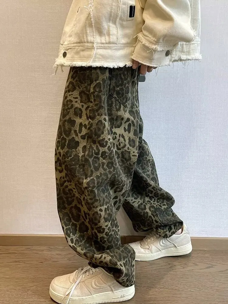 Autumn Tan Leopard Jeans Men Denim Pants Male Oversize Wide Leg Trousers Streetwear Hip Hop Vintage Loose Casual Animal Print - Matrix Studios