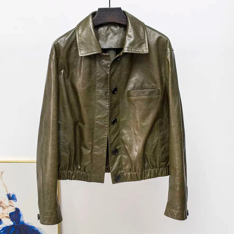Advanced Oil Wax Leather Jacket for Women Autumn Winter Female 100% Lambskin Square Neck Elastic Waist  Loose Coat Vestes Femmes - Matrix Studios