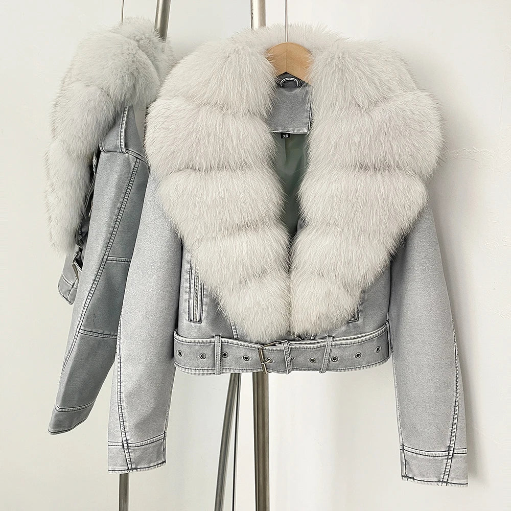 Fake Leather Coat New Natural Fox Fur Autumn Short Faux Leather Jacket Female Spring PU Women Long Sleeve Real Fur Coat Thin - Matrix Studios